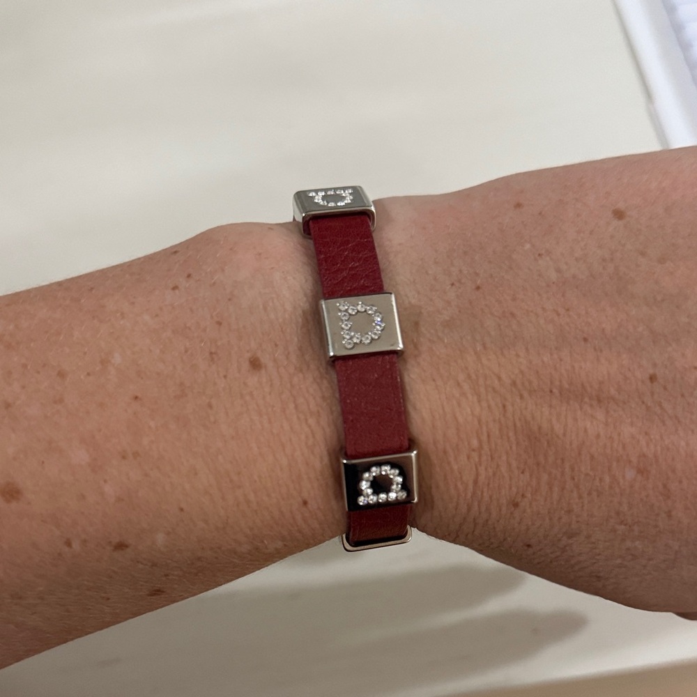 Salvatore Ferragamo Red Leather Bracelet with Silver and Diamond Details